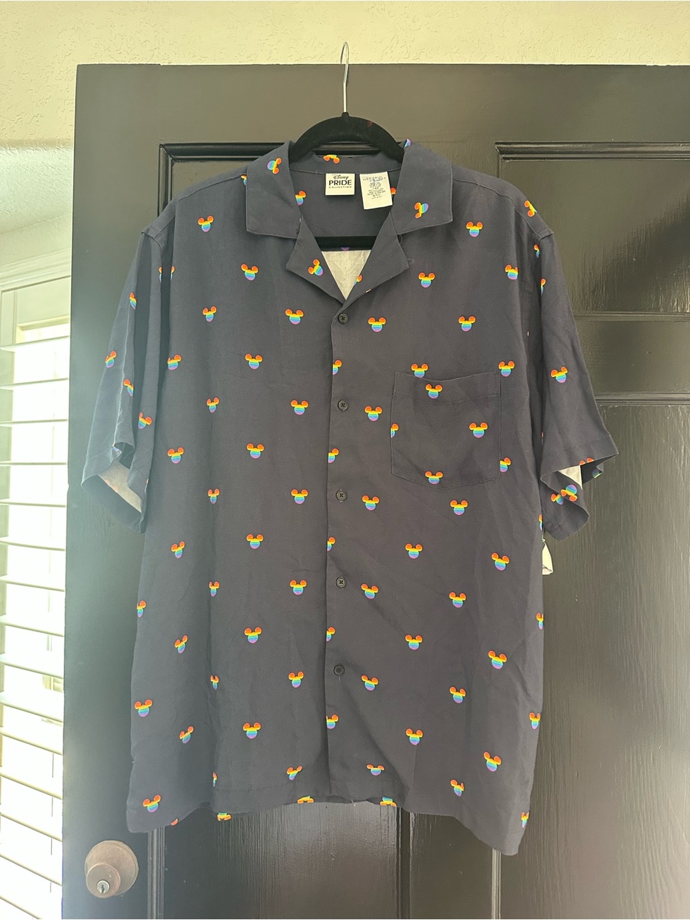 Disney Navy Short-Sleeve Button-Up Shirt with Rainbow Mickey Head Print